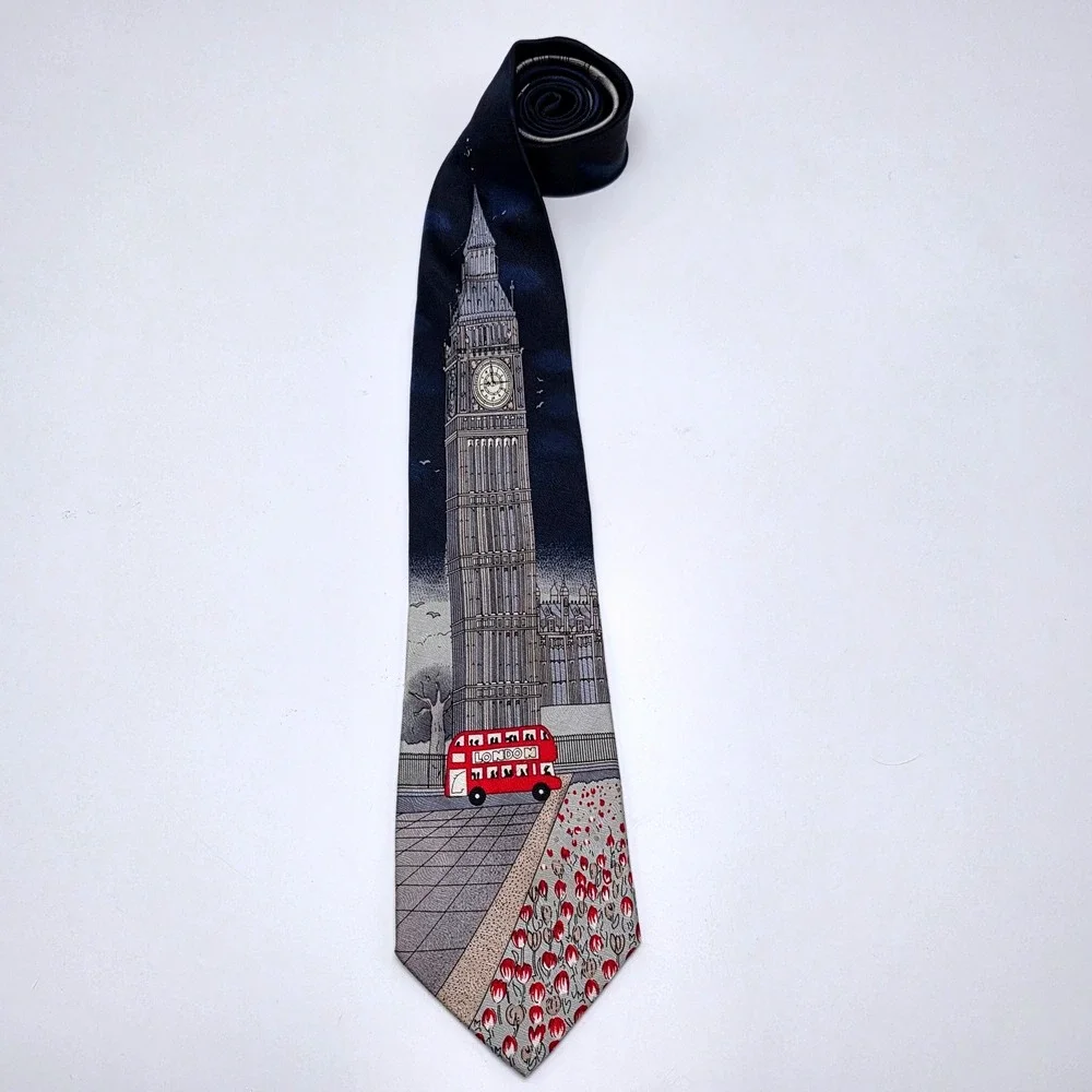 Elegance London Mens Silk Tie Big Ben Red Bus Italian Design Navy Blue 4‎ Inch
